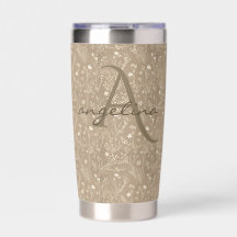 Tumbler de Monograma Floral Marrom Taupe Elegante