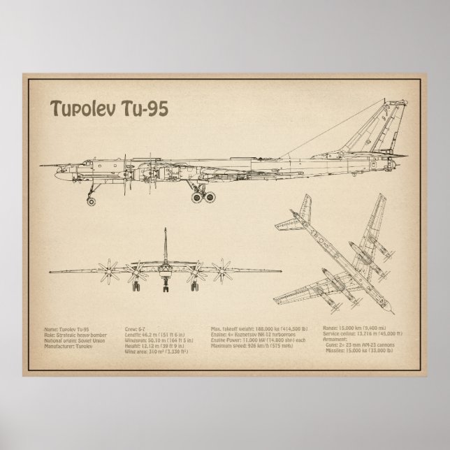 Tupolev Tu-95 - Planos de Impressão de Avião SD (Frente)