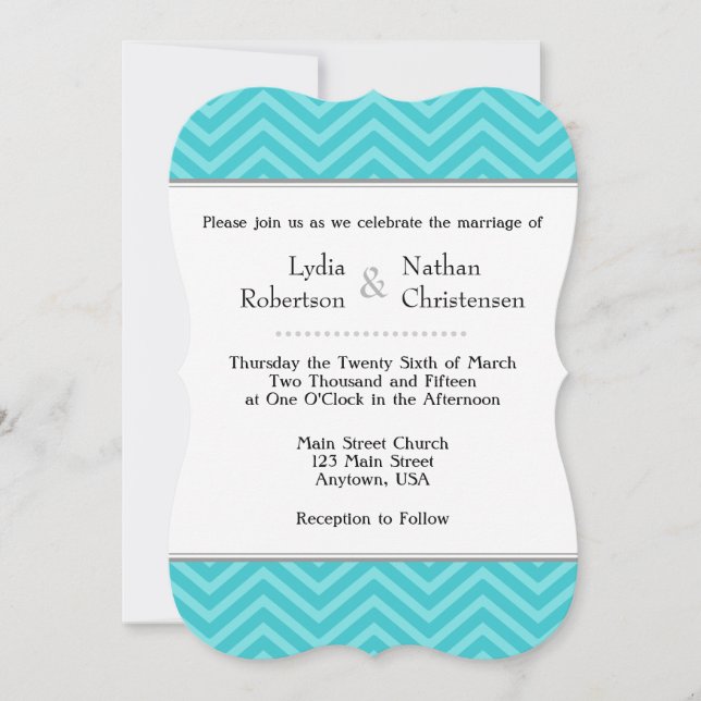 Turquesa Aqua Blue Chevron Convites para Casamento (Frente)