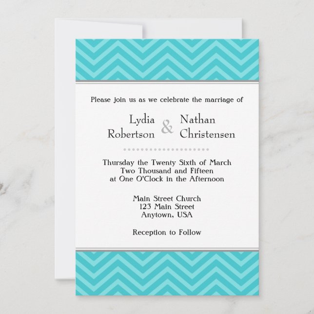 Turquesa Aqua Blue Chevron Convites para Casamento (Frente)