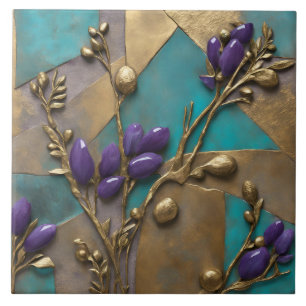 Turquesa & Arte Floral em Relevo Dourado com Roxo