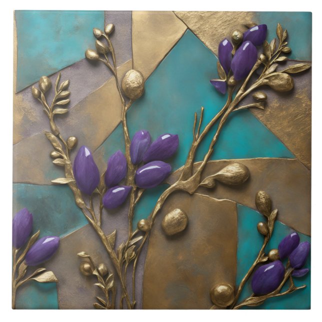 Turquesa & Arte Floral em Relevo Dourado com Roxo  (Frente)