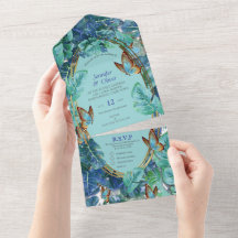 Turquesa Azul Monstera Folhas e Borboletas