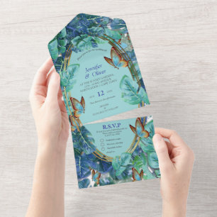 Turquesa Azul Monstera Folhas e Borboletas