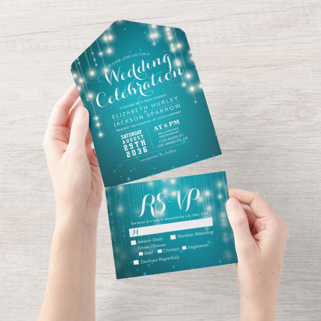 Turquesa Blue Sparkle String Lights Casamento RSVP (Aba destacável)