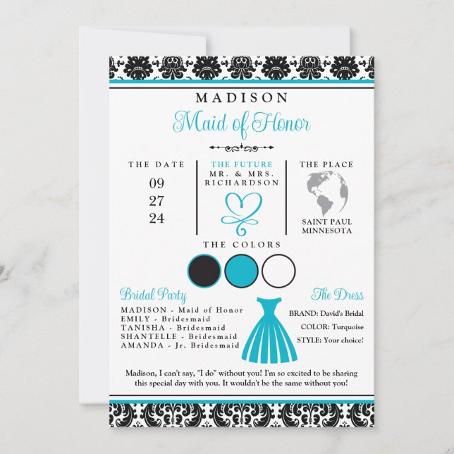 Turquesa, Cartão de Festa Bridal do Coração Branco (Frente)