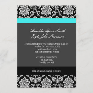 Turquesa Damask Monograma Convite De Casamento