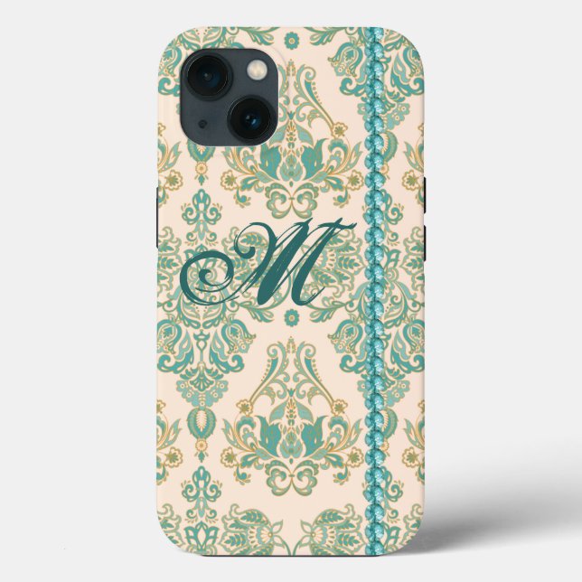 Turquesa Damask Monograma, Faux Pearls iPhone 13 (Verso)