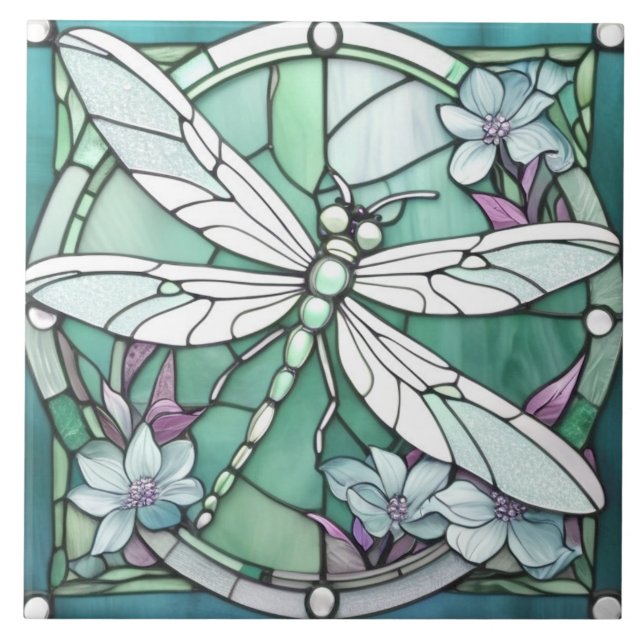 Turquesa Dragonfly Art Nouveau Deco Vidro Estampad (Frente)