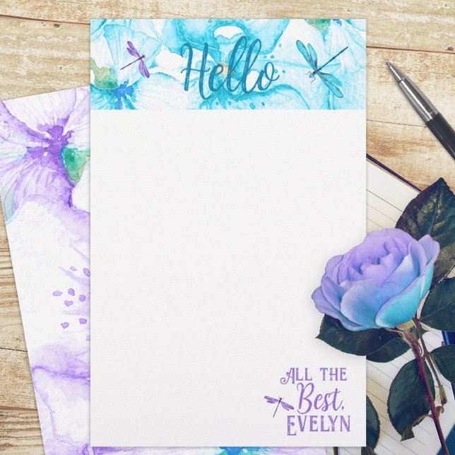 Turquesa, Dragonfly Personal Stationery (turquoise aquamarine purple dragonflies floral budget personalized letter writing stationary paper )