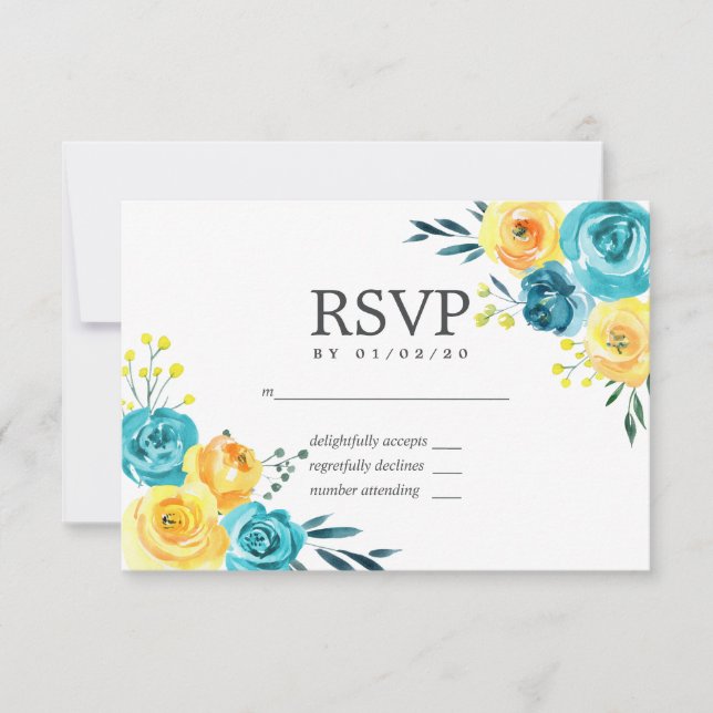Turquesa e Amarelo Floral Casamento RSVP (Frente)