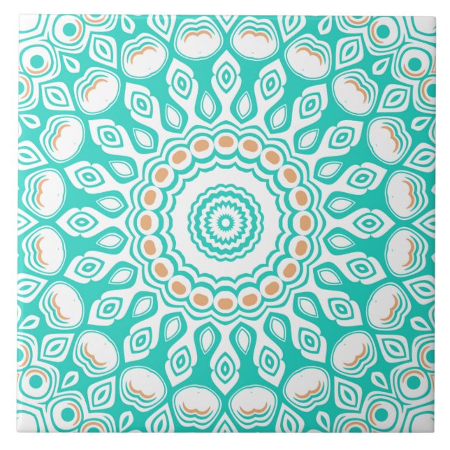Turquesa e Bege Padrão de Mandala do Oceano (Frente)