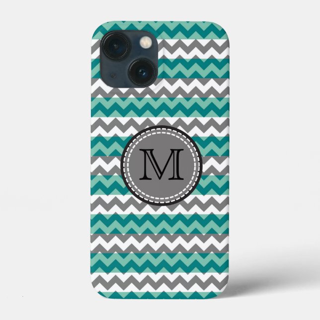 Turquesa e Cinza Chevron Zigzag Monograma (Verso)