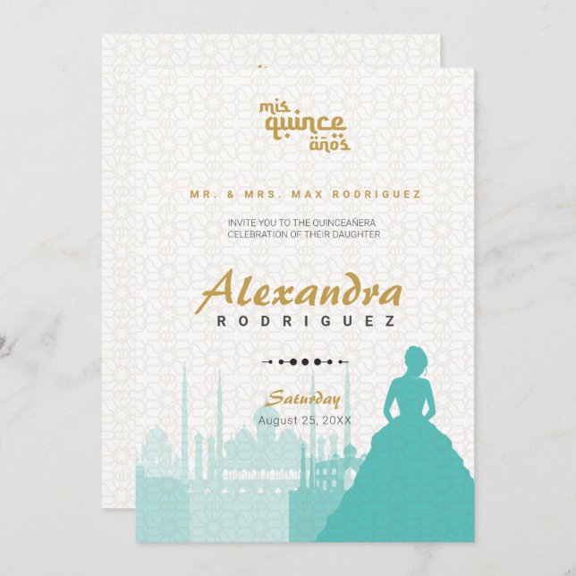 Turquesa e Dourada Quinceañera Árabe Foto (Frente/Verso)