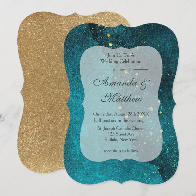 Turquesa e Dourados Convites para Casamento Agato (Frente/Verso)