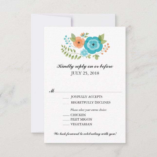Turquesa e Flores de Verão Laranja Casamento RSVP (Frente)
