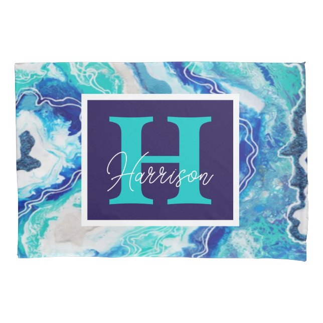 Turquesa e Monograma Azul Marble Nome Beachê (Frente)