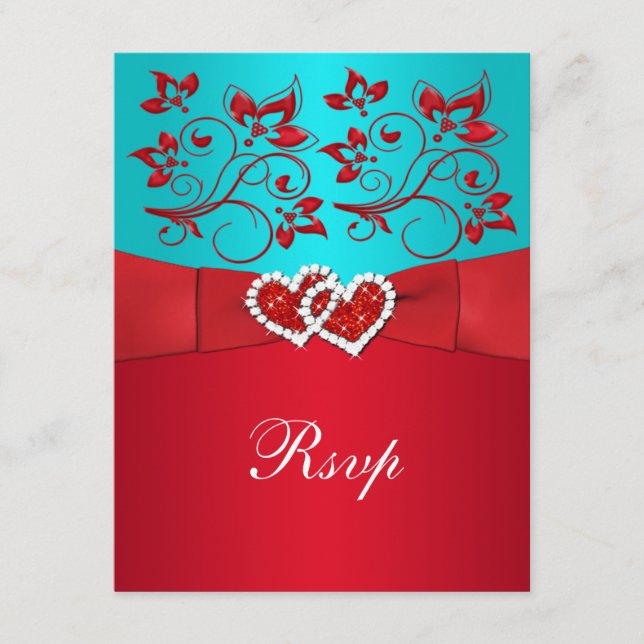 Turquesa, Floral Vermelho, Cartão de Resposta de C (Frente)