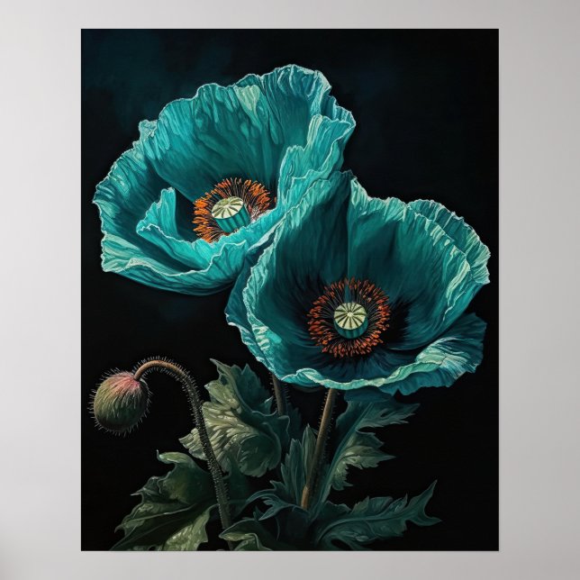 Turquesa Flores-Papoila Impressão (Frente)