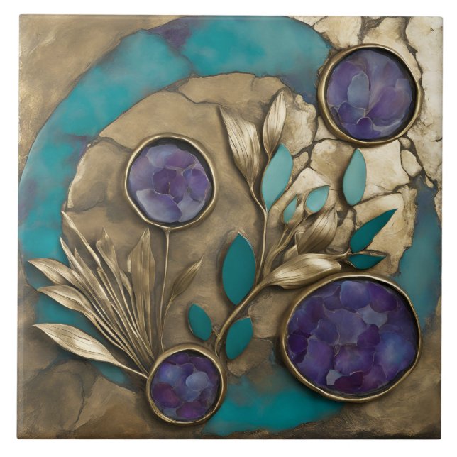 Turquesa Geométrica Floral com Dourado & Roxo  (Frente)