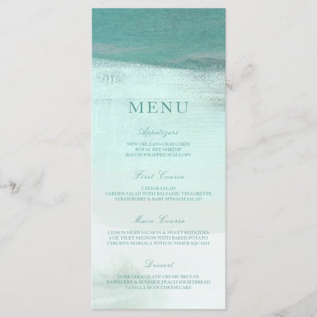 Turquesa Ombre Watercolor Beach Menu (Frente)