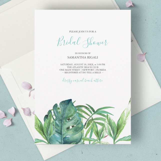Turquesa Tropical de Praia Palms Watercolor Bridal (Tropical bridal shower invitations feature watercolor palm leaf art. )