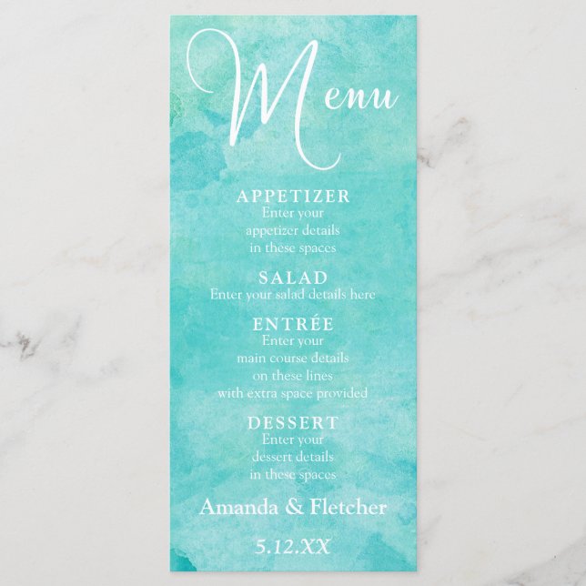 Turquesa Watercolor Typoografia Menu Casamento (Frente)