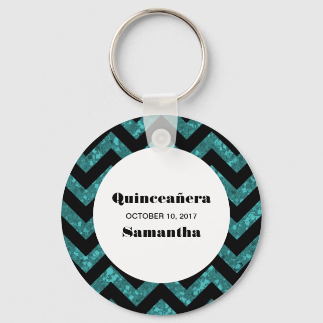 Turquoise Chevron Glitter Quinceañera Chaveiro (Frente)