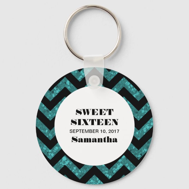 Turquoise Chevron Glitter Sweet 16 Chaveiro (Frente)