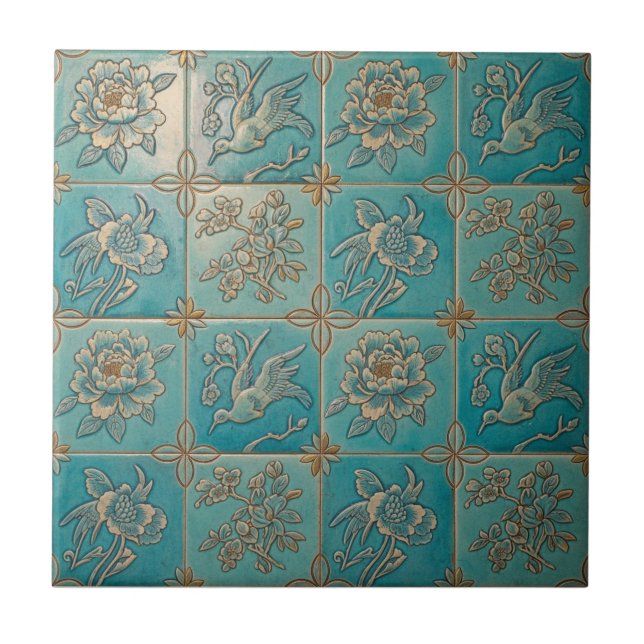 Turquoise Chinoiserie Relief Pattern Ceramic Tile (Frente)