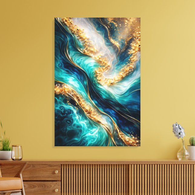 Turquoise & Gold Marble Swirls Canvas Print (Insitu(Sala de estar))