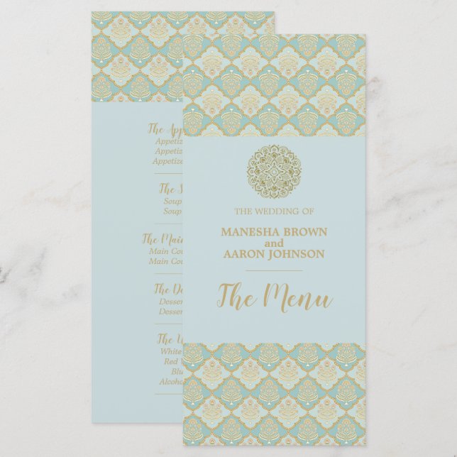 TURQUOISE ÍNDICO - Cartão de Menu de Casamento (Frente/Verso)