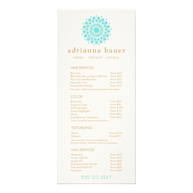 Turquoise Mandala Spa Salon Price List Menu (Frente)