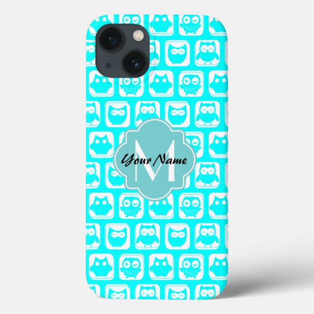 Turquoise Owl Pattern Aqua Nome Personalizado (Verso)