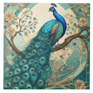 Turquoise Peacock Bird Art Nouveau Art Deco