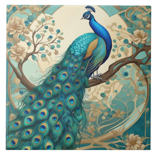 Turquoise Peacock Bird Art Nouveau Art Deco (Frente)
