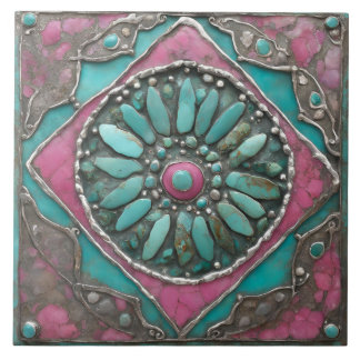 Turquoise & Pink Boho Mosaic Mandala Artwork