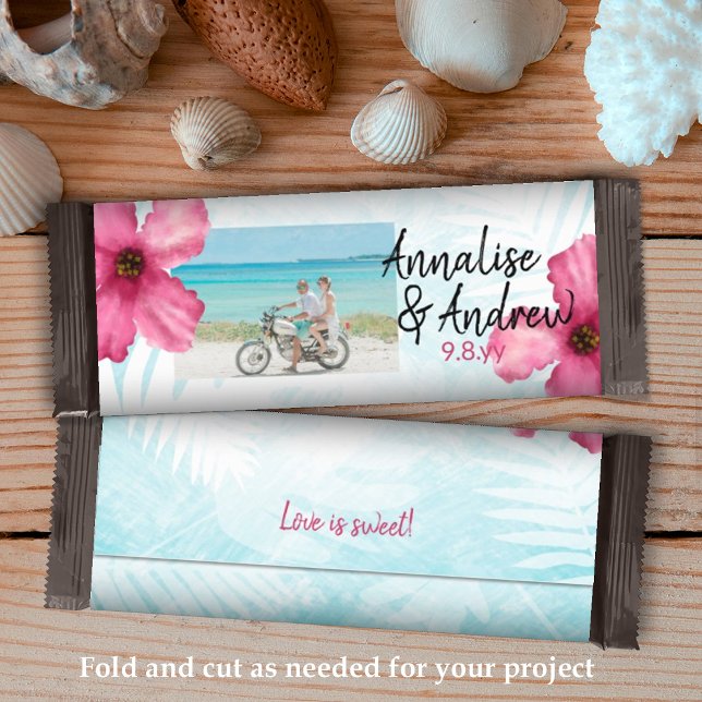 Turquoise Pink Hibiscus Wrapper de Bar Doces (pink hibiscus tropical wedding candy chocolate bar personalized wrapper budget diy alternative candy)