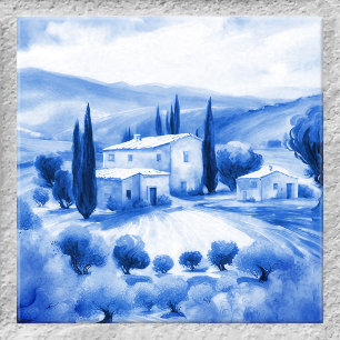 Tuscan Landscape Watercolor Delft Blue Style Azule