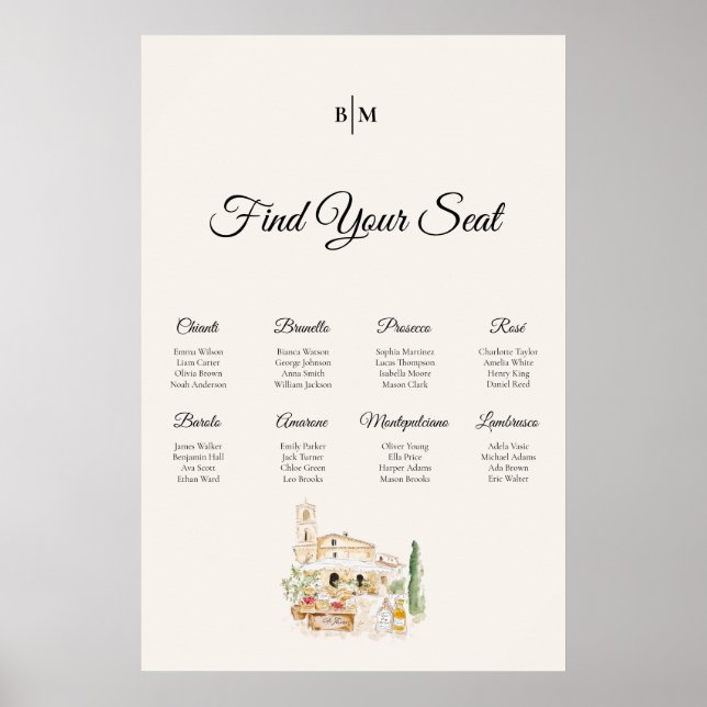 Tuscany Wine Table Wedding Seating Chart Poster (Frente)