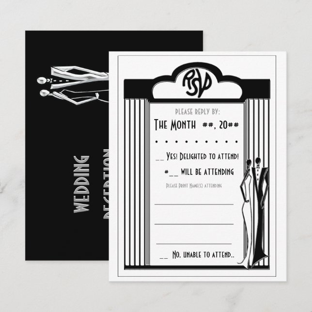 Tuxedo - Art Deco - Black on White RSVP Card (Frente/Verso)