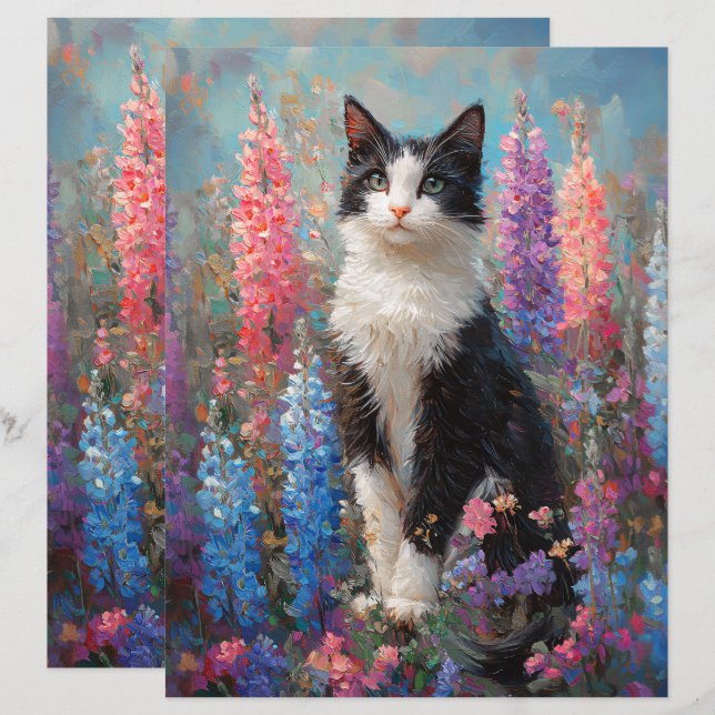 Tuxedo Cat Colorful Lupine Flowers Scrapbook Paper (Frente/Verso)