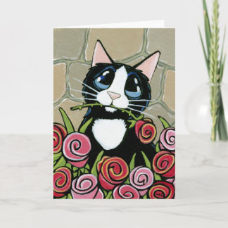 Tuxedo Cat com Cartão de Saudação de Rosas Vermelh