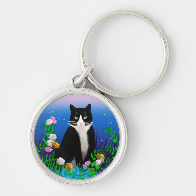 Tuxedo Cat com Chaveiro de flores (Frente)