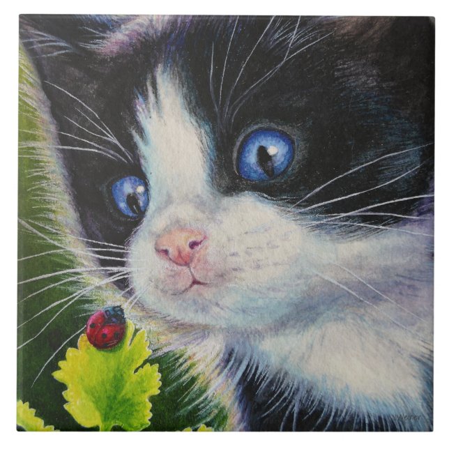 Tuxedo Kitten e Ladybug Watercolor Art (Frente)