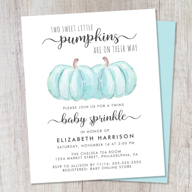 Twin Boys Blue Pumpkin Baby Sprinkle Convite (Celebrate the upcoming arrival of your autumn twin baby boys with a pumpkin-themed baby sprinkle)