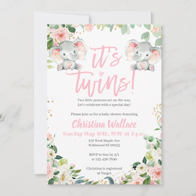 Twin Girls Baby Shower Convites com Elefantes (Frente)