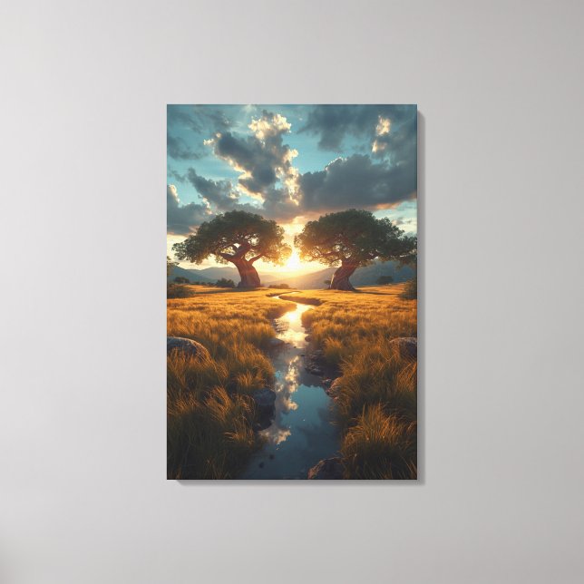 Twin Guardians – Golden Meadow Sunset Canvas Print (Frente)
