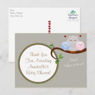 Twin Owls Boy & Girl Obrigado Cartão Postal