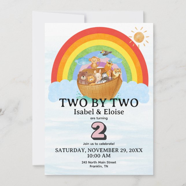 TWIN Two by Two Noah's Ark Girl Birthday Invite (Frente)